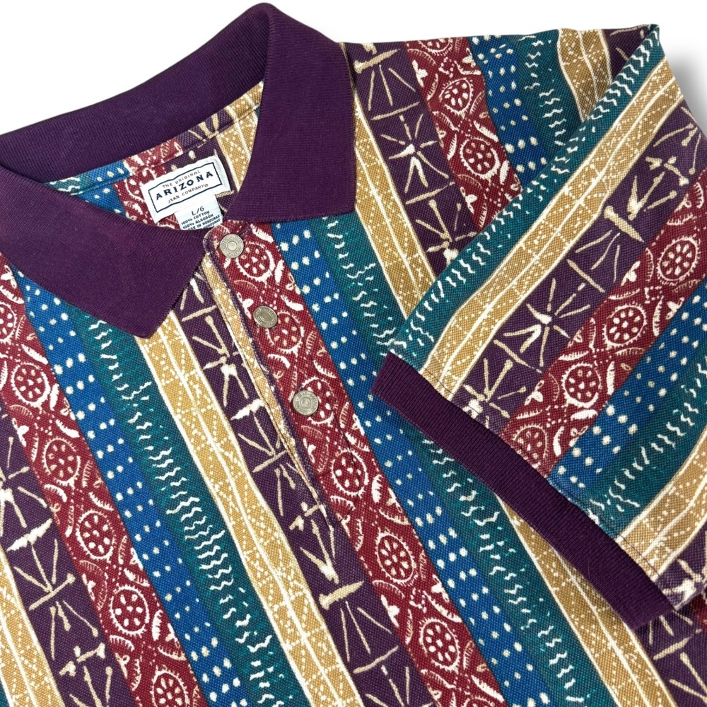 Vintage Arizona Jean Co Mens Large Retro Geometric Print Short Sleeve Polo Shirt